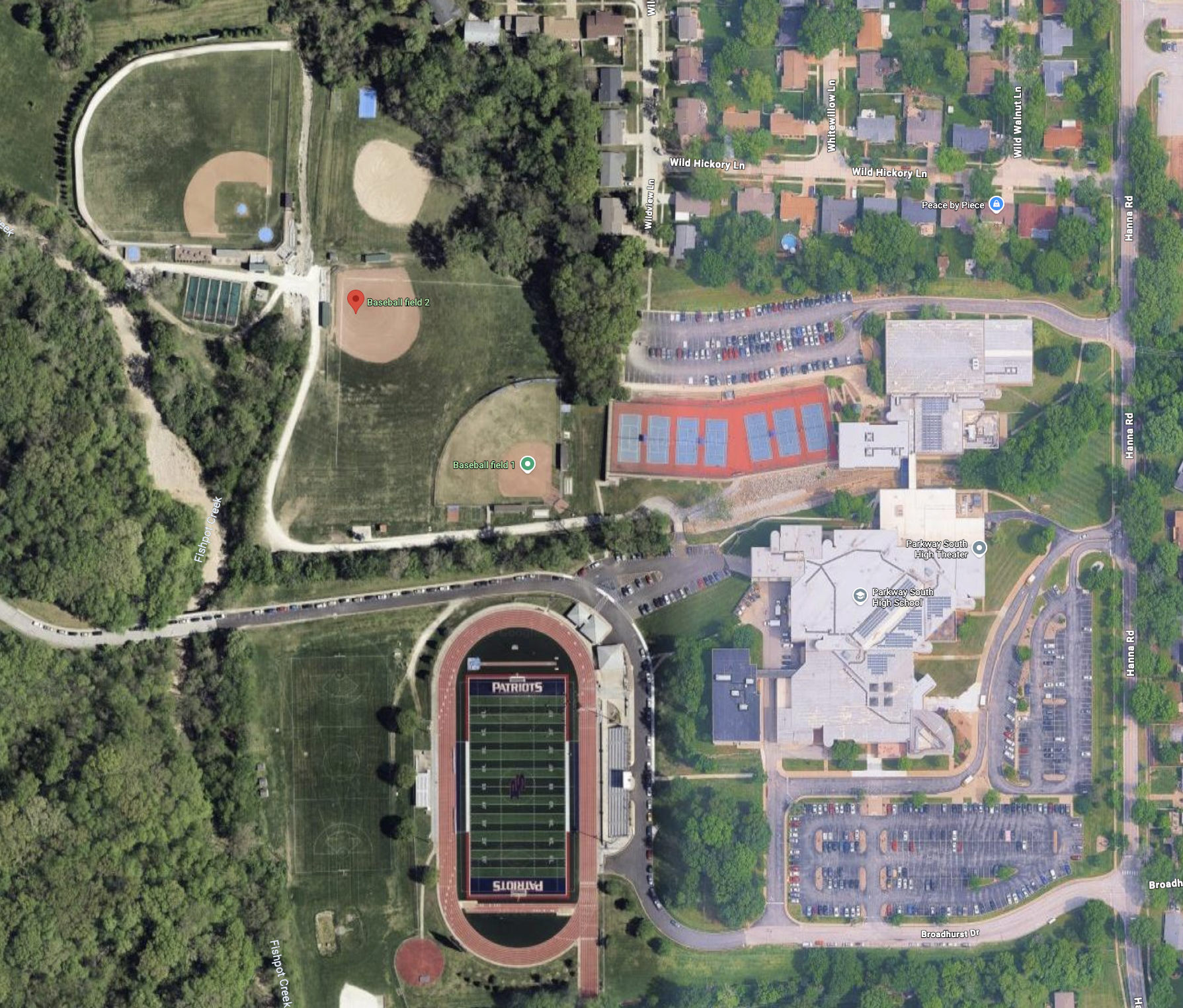 Satellite map of tryout location at 801 Hanna Rd, Manchester, MO